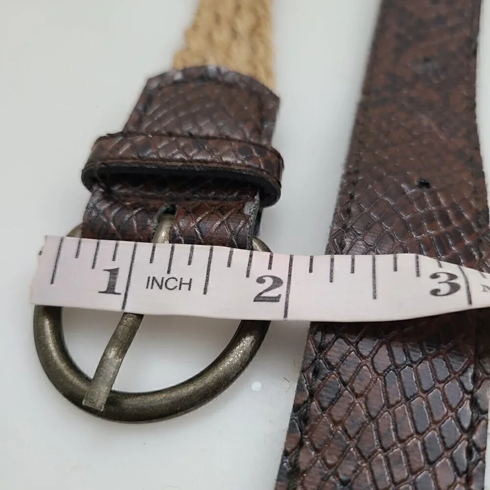 Vintage 80s 90s Women's Skinny  Brown Leather Braided Woven Jute Straw Belt